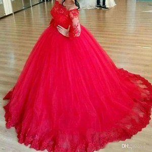Hebeos Off The Shoulder Red Lace Wedding Dress